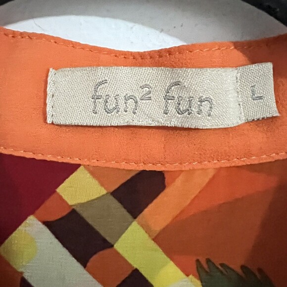 Fun 2 Fun Orange Sheer Top Size L Rolled Tap Long Sleeve Artsy Printed Business - Picture 3 of 5